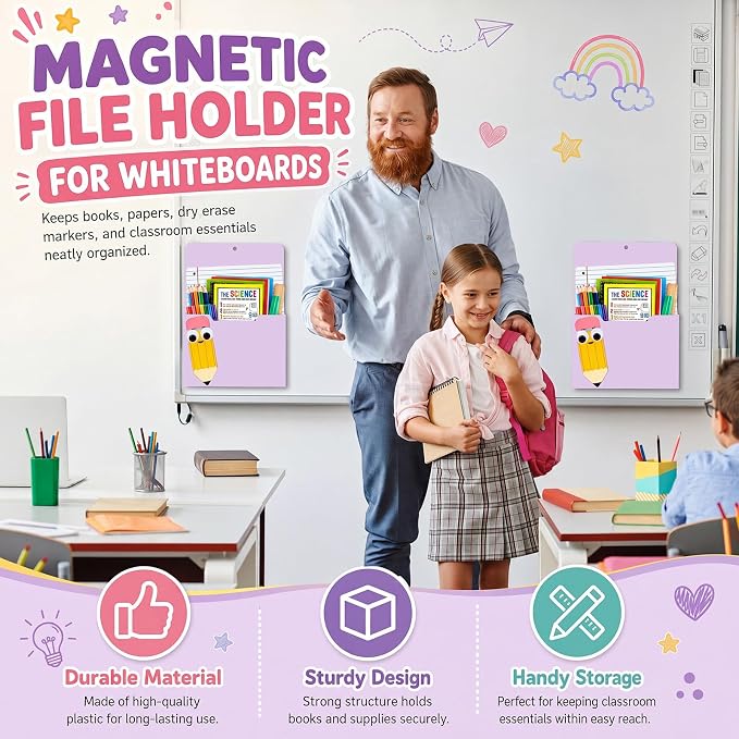 Gilprop 2 Pcs Pencil Purple Magnetic File Folder Holder Pocket File Organizer Classroom Decor Teacher Desk Accessory for Whiteboard Mail Paper Book No Drilling Elementary School Kindergarten Essential