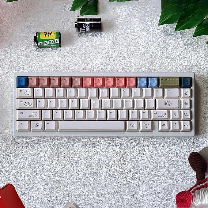 PBT Cat Keycaps, White Minimalist Keycap, 163 Keys Cherry Profile Keyboard Keycaps Set, Cute Cat Dye-Sublimation Custom Key Caps for Cherry MX Switches Mechanical Gaming Keyboard