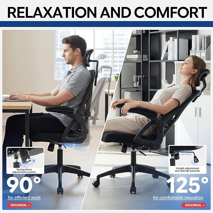 Ergonomic Office Chair–Mesh Computer Chair with Adjustable Lumbar Support, 2D Headrest, Foldable Armrests & Class 3 Gas Lift–Comfortable Home Office Desk Chair for Long Sitting, 400 lbsBlack