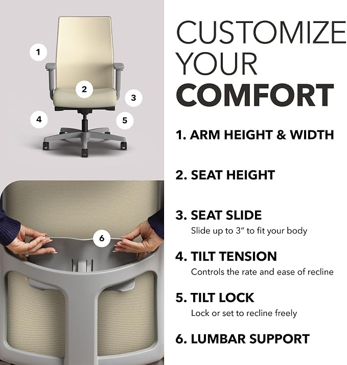 HON Ignition 2.0 Mid Back Task Chair, Spectrum Mesh, Advanced Synchro-Tilt Control, Office Chair with Lumbar Support, Height and Width Adjustable Arms, Titanium Frame, Linen