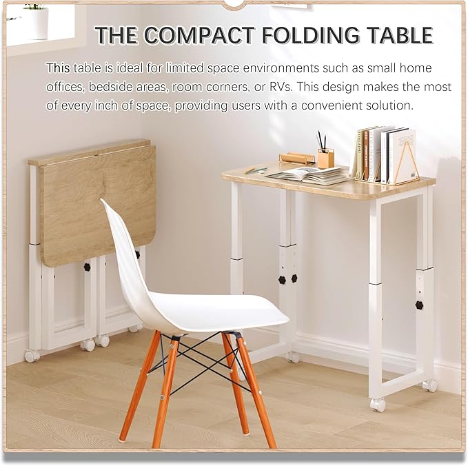 4NM No Tool Assembly 23.6" Small Desk, Folding Portable Desk with Wheels, Adjustable Height Foldable Computer Home Office Desks, Collapsible Study Writing Table for Space Saving Bedroom - Cloud Oak