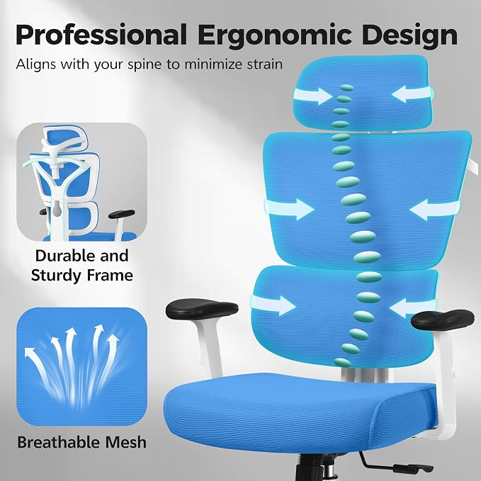 Ergonomic Office Chair High Back Desk Chair with Lumbar Support, Breathable Mesh Computer Chair with Adjustable Armrests Height, Reclining Swivel Big and Tall Gaming Chair for Home Office(Sky Blue)
