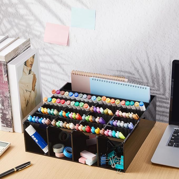 MotiMind Acrylic Pen Organizer Storage for 250 Markers Vertical Marker Organizer Acrylic Pen Display Holder for Office Desk Desktop Stationery Pencil Storage, Black, 13 x 4 x 12.4 Inch