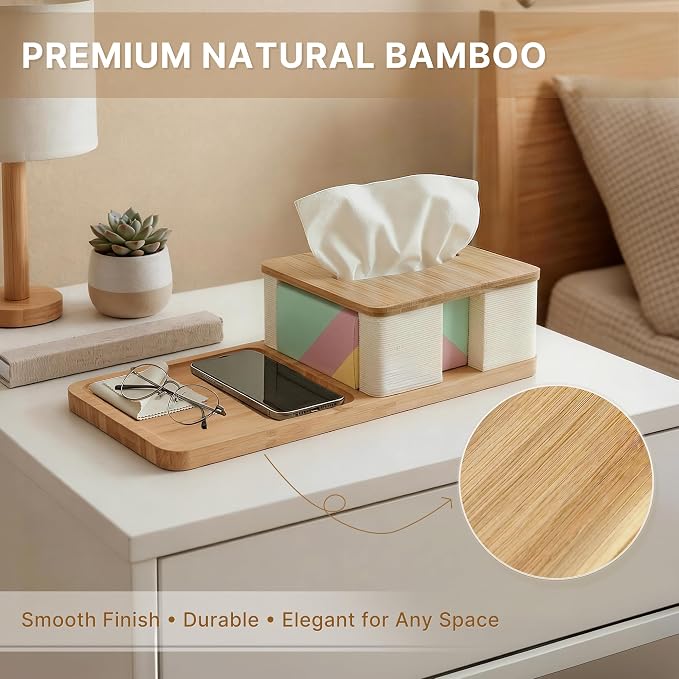 Bamboo Tissue Box Holder with Organizer Tray for Desk, Nightstand, Home | Decorative rectangle tissue box cover for nightstand, office desk, living room and bedside table, fits standard boxes