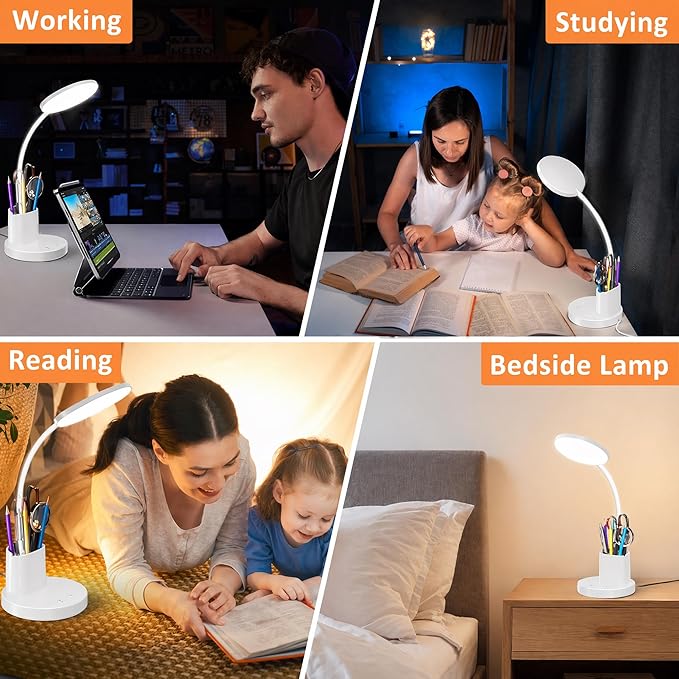 Desk Lamp, LED Desk Lamps for Home Office, Touch Table Lamp with 3 Color Modes 360° Adjustable Arm, Dimmable Desk Light with Pen Phone Holder for College Dorm, White