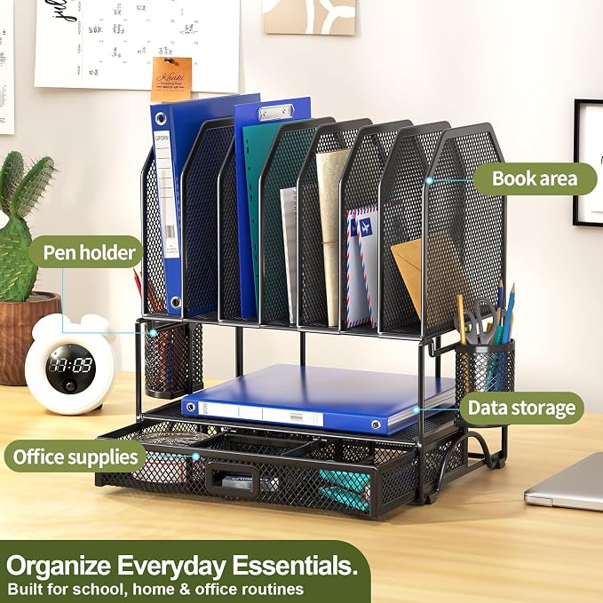 FANXIYQ Metal Desk Organizer with Sliding Drawer, 7-Section File Organizer for Desk, Desktop File Folder & Paper Organizer with 2 Hanging Pen Holders, Office Supplies Organizer, Black