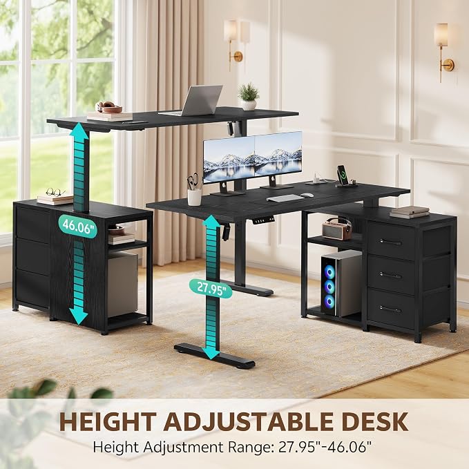 47 Inch L Shaped Desk with 3 Drawers Electric Standing Desks with Storage Computer Table Adjustable Height with Power Outlets 4 Memory Presets for Home Office, Black | with Storage Computer Table Adjustable Height with Power Outlets 4 Memory Presets fo...