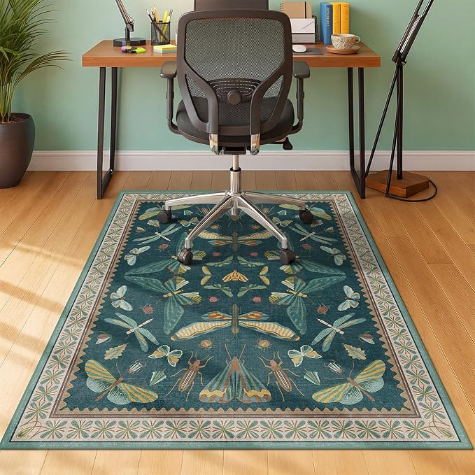 3'x4' Teal Office Chair Mat for Hardwood Floors, Insect Boho Design,Non-Slip Low Pile Desk Rug, 36"x48" Small Area Rug for Computer Desk Home Office, Machine Washable WFH Essential for Dorm Room