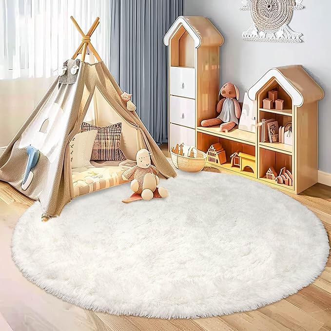 Awaytail Round Fluffy Cream Rug - 4FT Super Soft Circle Shaggy Plush Fuzzy Furry Carpet for Kids & Nursery