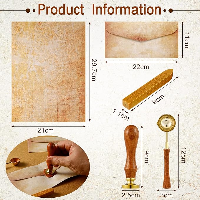 33 Pieces Vintage Paper and Envelopes Set, Including 12 Writing Stationery Paper Letter 12 Envelopes Sealing 6 Wax Sticks Seal Stamp Tea Candles and Wax Spoon for Stamp