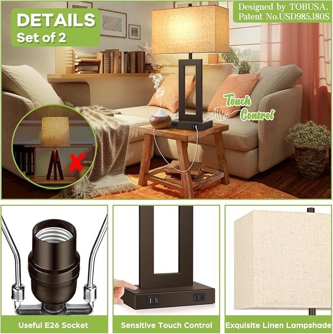 TOBUSA 28’’ Tall Brown Lamps for Living Rooms Set of 2, Modern Touch Control Table Lamps for Bedroom, 3 Way Dimmable Bedside Lamps with 2 USB Ports&AC Outlet, High-end Decor Lamp for Home Office