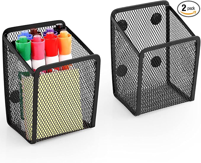 Ameceres Magnetic Pencil Holder - Extra Strong Magnets Mesh Marker Holder Perfect for Whiteboard, Refrigerator and Locker Accessories (1-Compartment (2 Packs))