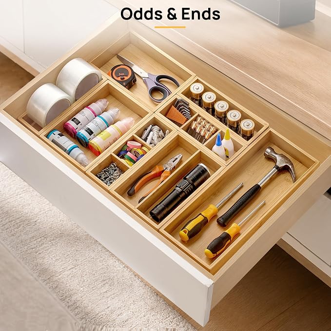 Vtopmart 7 Pack Bamboo Drawer Organizer Boxes, Junk Drawer Organizers | Natural Bamboo Storage Trays, Non-Slip Base, Kitchen Bathroom Office Vanity Drawers, Multi-Size Organizer Boxes, Makeup Tools