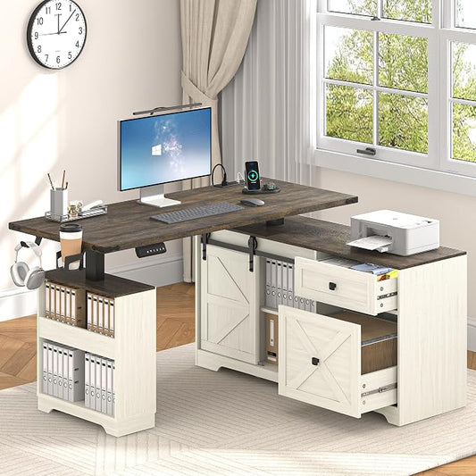 St.Mandyu L Shaped Electric Standing Desk 55" White with Power & Storage | File drawer, sliding door cabinet, cup holder, height adjustable, sturdy wood frame, home office for work/study/writing