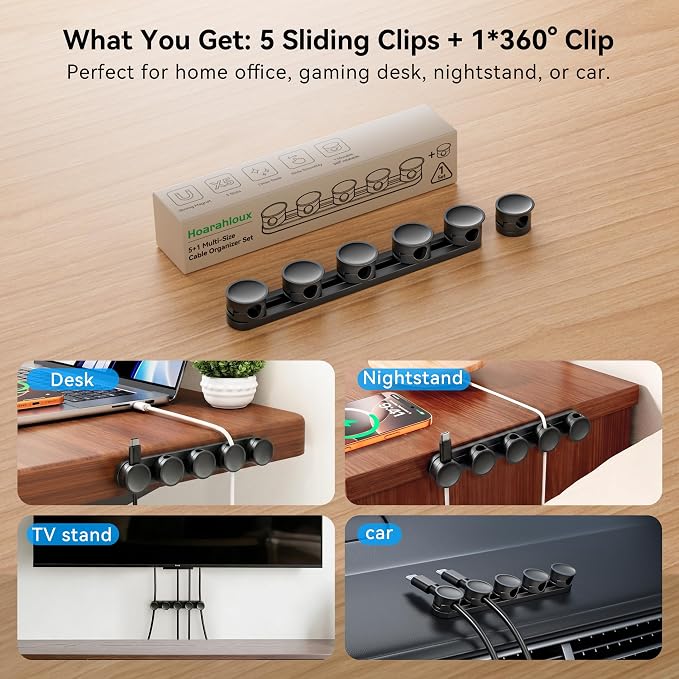5 in 1 Magnetic Cord Organizer Set + 1 * 360°Rotating Cable Clips [ 1S Lock & Cable Smooth Adjustable] Strong Adhesive Cord Holder for Car Office Desk Cable Management, Desk Accessories for Men Women | 5 in 1 Magnetic Cord Organizer，360°Rotating Cable ...