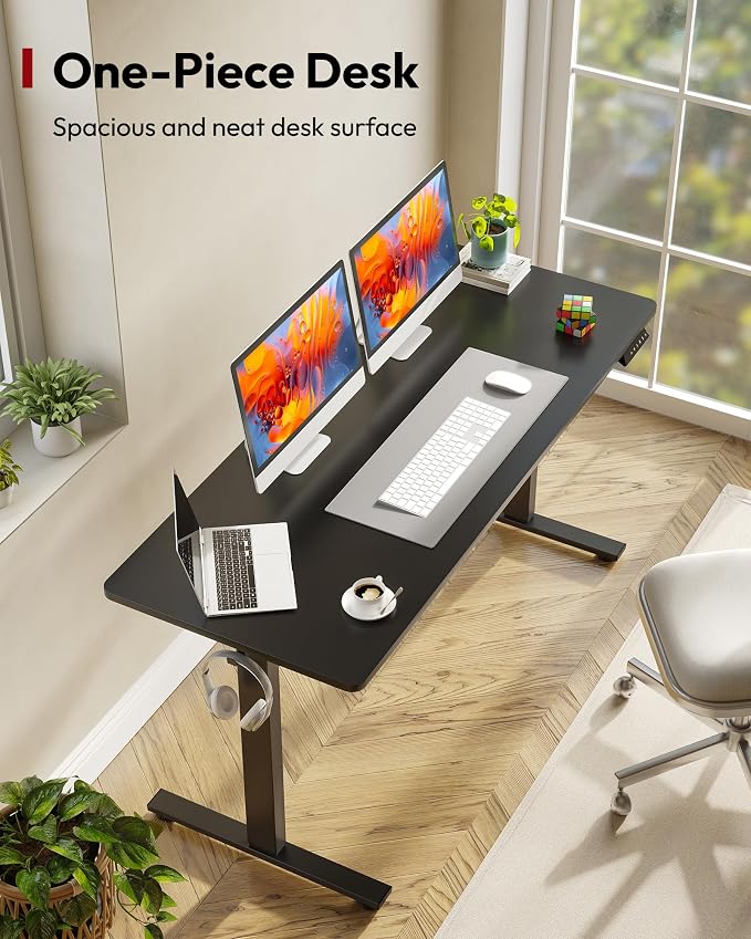 SANODESK One-Piece Electric Standing Desk, Seamless 60 x 24'' Ergonomic Height Adjustable Sit Stand Desk with Memory Presets for Home Office Computer Workstation, Black Frame/Black Top