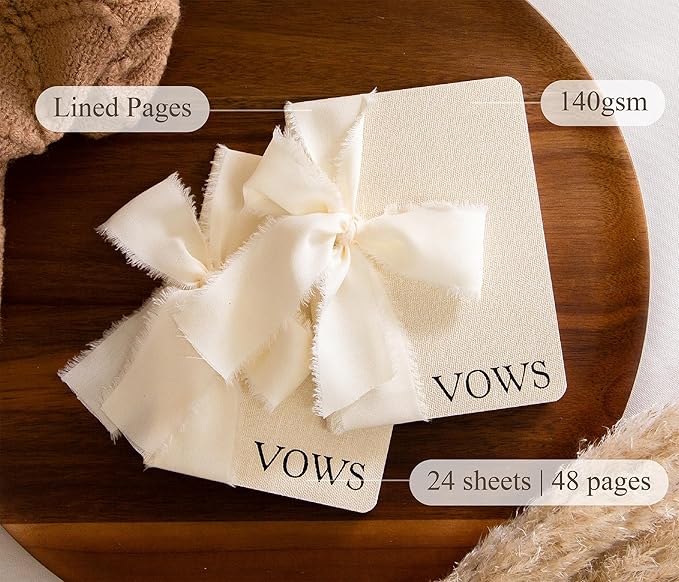 Cream Embossed Slim Vow Books w/Ribbon (Set of 2) - 5.625 x 4 Minimalist Pocket Sized Wedding Ceremony Vow Renewal Speech Notebook Journal