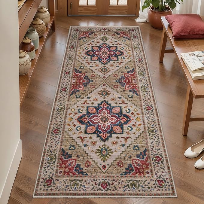 Tangsoo 2x5 Washable Runner Rugs for Hallways, Non Slip Vintage Runner Rug, Soft Low Pile Long Rug Runner, Print Distressed Carpet Runners for Kitchen Bedroom Entryway Bathroom Living Room Home Decor