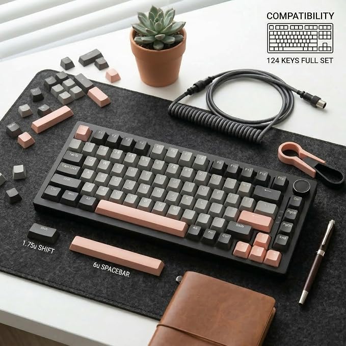 124 Keys Black Grey Pink Keycaps, PBT Double Shot Cherry Profile Keycap Set, Custom Mechanical Keyboard Keycaps for 60% 65% 75% 87% 100% ANSI Layout，Cherry Mx Switches