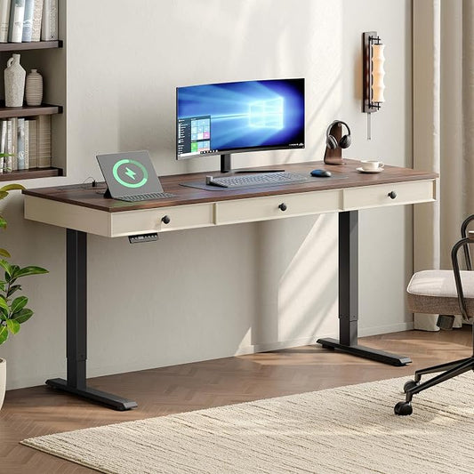 55 Inch Electric Standing Desk with 3 Drawers, Home Office Desk, Walnut | Computer Desks Retro Corner Table & Drawers, Height Adjustable Stand Up Desk with Storage & Outlets for Computer Workstation