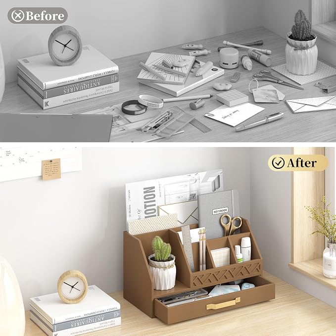 Wisuce Bamboo Mail Organizer Countertop with Drawers, Wooden Desk Organizer File Bill Sorter Storage Box for Desktop Letter Envelope Countertop Holder for Office Home School Organization