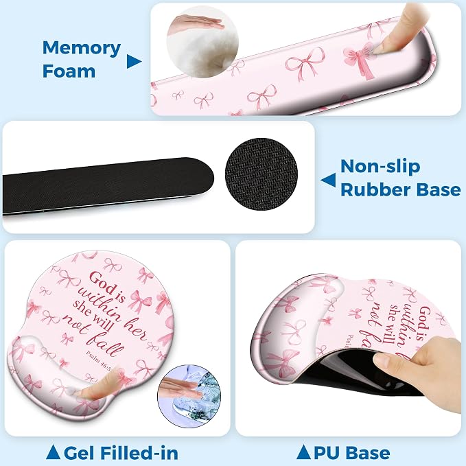 Mouse Pad and Keyboard Wrist Rest Support, with Non-Slip PU Base,Gel Mouse Pad with Coaster,Pain Relief for Gaming, Computer,Office -Pink Bowtie