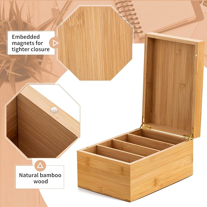 4 x 6 Inch Index Card Holder Set, Bamboo Organizer Box with 50 Dividers & 2 Sheets Alphabet Number Stickers File Note Holders, Holds 1200 Cards for Office Business Home Kitchen, Wooden Color