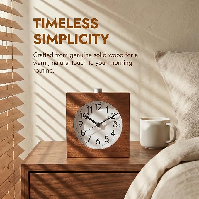 Wooden Analog Alarm Clock Silent Battery Operated with Night Light | Wood Body Non-Ticking for Tabletop Bedroom Bedside Heavy Sleepers Brown