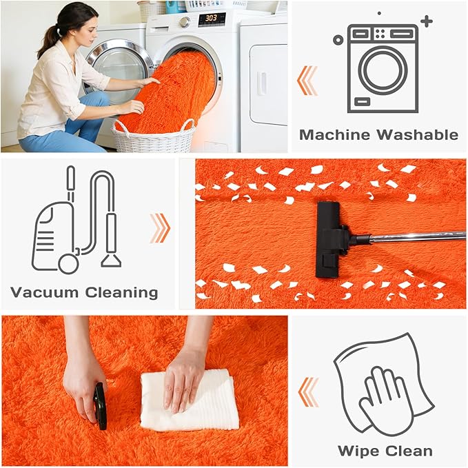 Area Rugs for Living Room Bedroom 9x12, Ultra Fluffy Shag Rug Modern Washable Carpet Soft Shaggy Non Slip Indoor Plush Fuzzy Rugs for Bedroom Dorm Office Home Aesthetic Decor, Orange