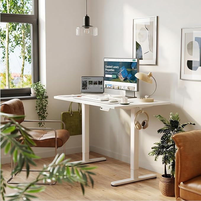 Claiks 48 x 24 Inch White Electric Standing Desk | Adjustable Height, Sit Stand, 3 Memory Presets, Cable Management, Spacious Ergonomic, Home Office & Bedroom