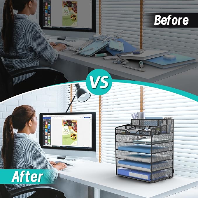 6 Tier Mesh Paper Desk Organizer with Pen Holders, Black | Features 3 pen holders, and 5 adjustable compartments for office school home desk storage