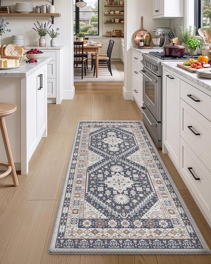 DEXI Kitchen Floor Mats Anti Fatigue, 23x59 Large Cushioned Vintage Runner Rug Waterproof, Standing Comfort Memory Foam Padded for Front Sink Laundry Office, White Grey