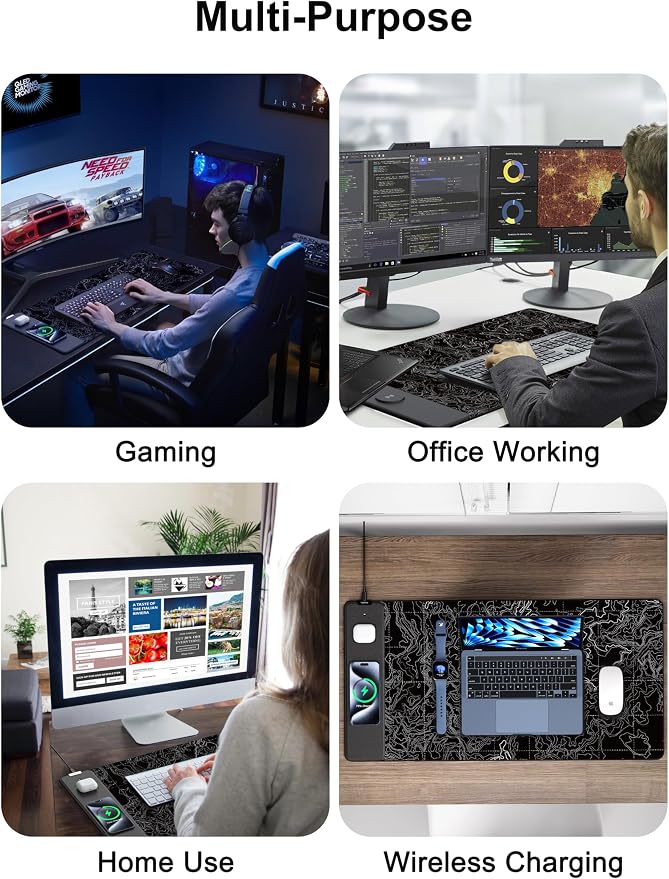 TopMade Mouse Pad with 15W Fast Wireless Charging, 31.5"x15.75" XXL Large Gaming Waterproof Desk Pad with Ultra-Smooth Surface, Non-Slip Base, Computer Desk Mat, Black Topographic Map #3