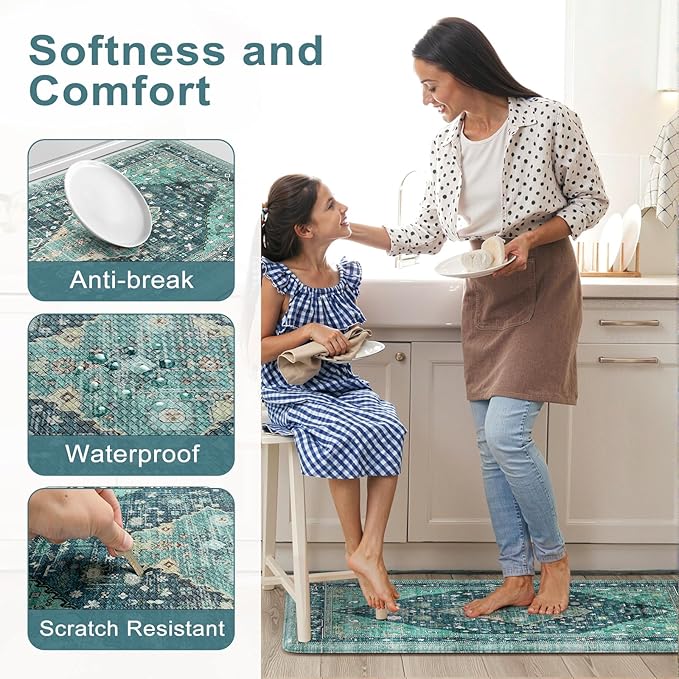 Collive Boho Kitchen Mats for Floor 2 Piece, Cushioned Anti Fatigue Kitchen Floor Mat Non-Skid Waterproof Under Sink Rug, Teal/Multi Comfort Standing Desk Rugs for Office, 17"x29"+17"x47"