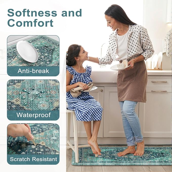 Collive Farmhouse Anti Fatigue Kitchen Mat, Cushioned Kitchen Rug Sets of 2 Waterproof Non Slip Kitchen Floor Mats Ergonomic Comfort Standing Mat for Laundry, Office, Sink, Desk, Teal/Multi