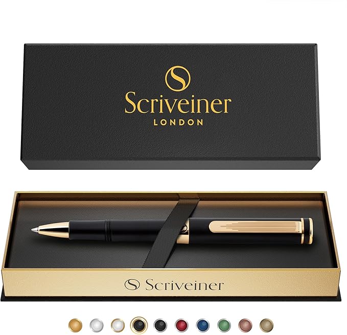 Scriveiner Black Rollerball EDC Luxury Pen, Stunning Pocket Roller ball with Real Gold Finish, Great Gift for Men & Women with German Schmidt Refill, Nice Present, Fancy Office Designer Pen