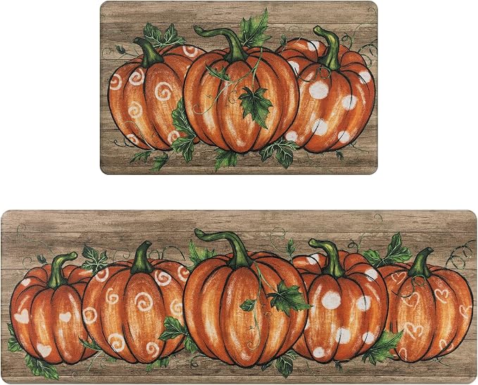 SHACOS Fall Anti Fatigue Kitchen Mats Orange Pumpkins, 17x27.5+17x47 | Wood Board Autumn Harvest Cushioned Kitchen Rugs Set of 2 Non Slip Kitchen Floor Mat Ergonomic Standing Mats