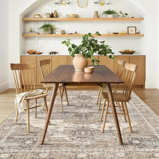 Living Room 3x5 Area Rugs - Washable Lightweight Area Rug Stain Resistant Carpet Vintage Soft Rugs for Bedroom Kitchen entryway with Non Slip Backing Home Decor Small Mat 3X5 Beige