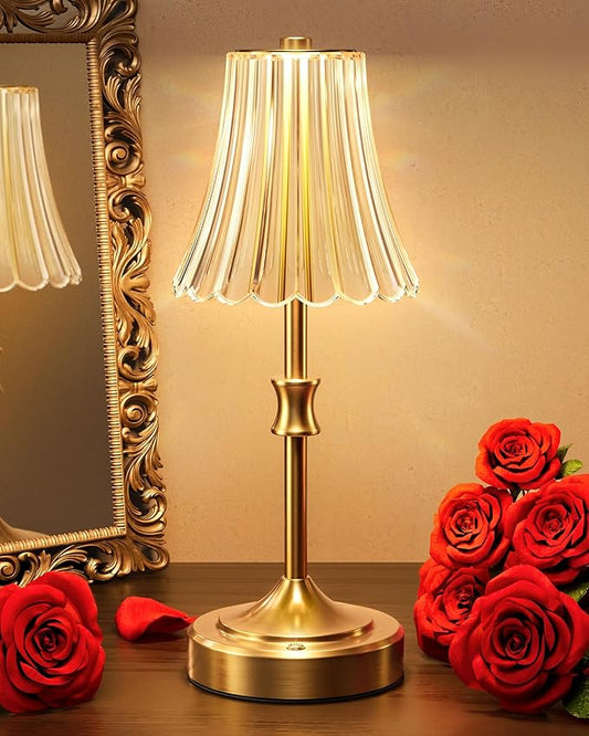 JACKYLED Vintage Cordless Table Lamp, Acrylic Crystal Flower Lamp Shade, 3 Colors Dimmable LED Golden Lamp, 5000Capactiy powerOperated Rechargeable Lamp for Kitchen Counter Home Decor
