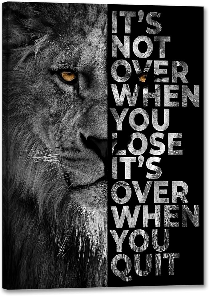 Lion Head Prints Canvas Inspirational Wall Art Black and White Animals Poster Motivational Quote Picture for Office Decor Framed Ready to Hang 24x36inches