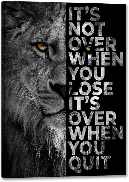 Lion Head Prints Canvas Inspirational Wall Art Black and White Animals Poster Motivational Quote Picture for Office Decor Framed Ready to Hang 24x36inches