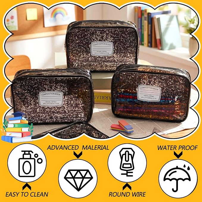 Suclain 12 Pack Back to School Gift for Teacher, Composition Book Theme PVC Zipper Organizer Pouches, 7.9 × 5.9 × 2.4 in Storage Bags for Classroom Rewards Teacher Student Gift Bags