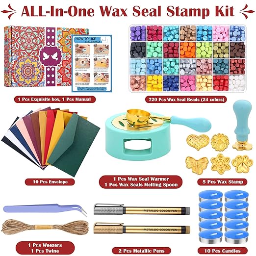 Upgraded Wax Seal Stamp Kit, Anezus 790pcs Sealing Stamp Kit with Wax Seal Beads, Stamps, Warmer, Vintage Envelopes, and Gift Box for Letter Sealing, Invitation Cards, Craft Decoration