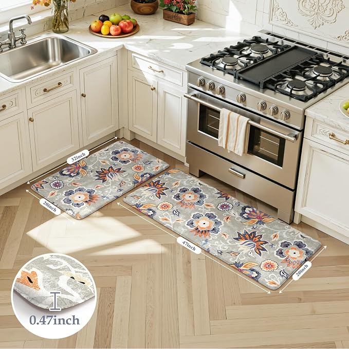 LEEVAN Anti Fatigue Kitchen Mats for Floor, Cushioned Kitchen Mat Set 2PCS | 20"x31"+20"x47", Boho Floral Blue Gray Kitchen Rugs Non-Slip, Waterproof Ergonomic Standing Mats for Laundry, Office, Sink