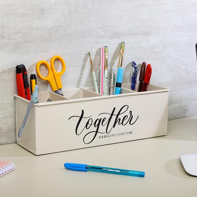 dudki Desk organizer with 4 compartments for office table | stylish Metal Desk Organizer | Stationary Storage | Pencil Holder for Office, Home, and Study Table (Together) Beige