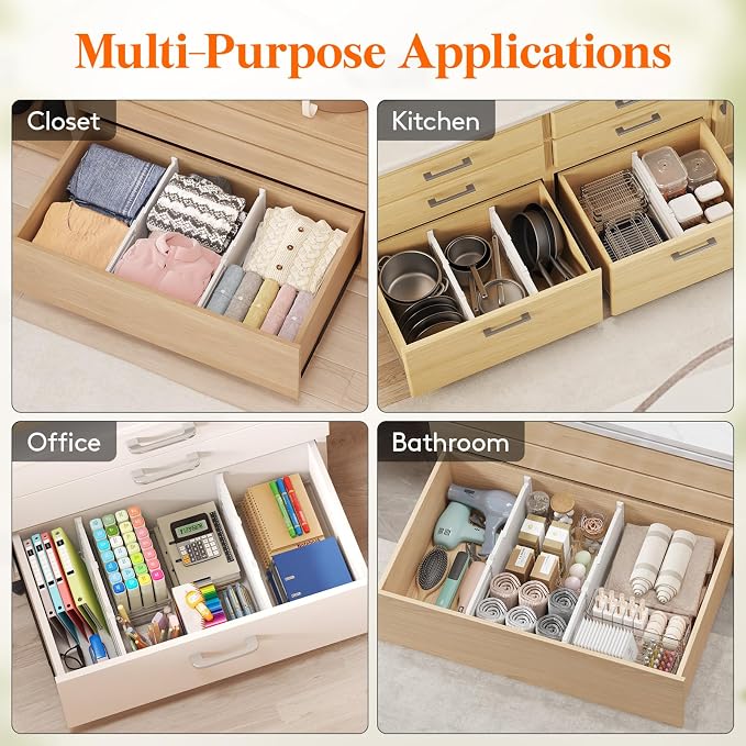 Lifewit 8" Tall 6 Pack Drawer Dividers, 13.8"-22.2" Adjustable Deep Drawer Organizer Clothes, Expandable White Plastic Separators for Dresser, Kitchen, Cabinet, Closet, Office Organization & Storage