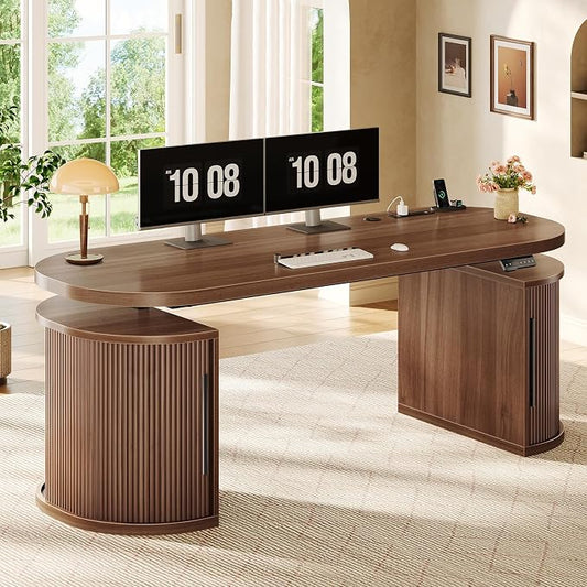 SEDETA 57" Standing Desk with Storage, Electric Height Adjustable Executive Fluted Desk with Curved Cabinets, Computer Desk with Power Strip for Home Office, Brown