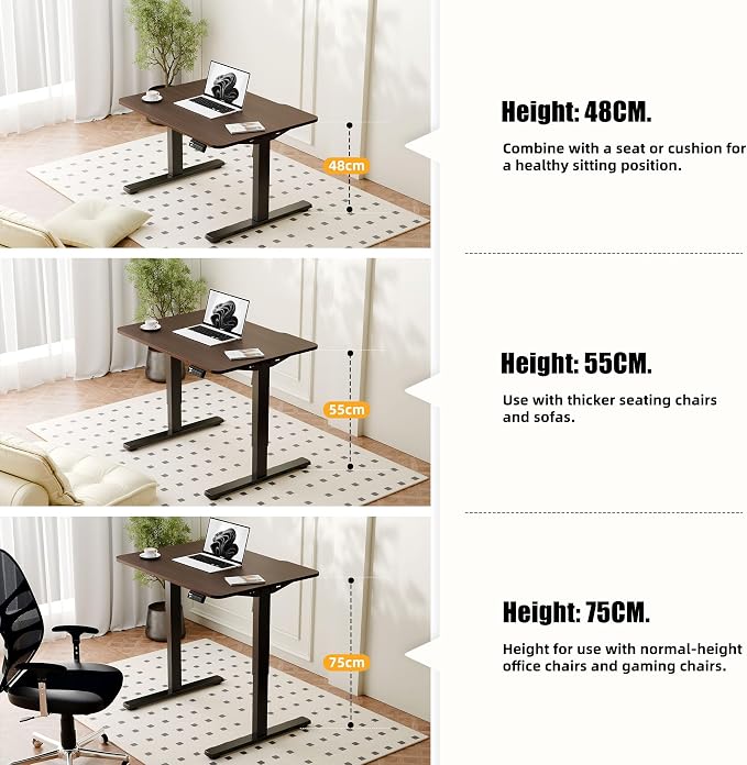 ERGOMAKER Low Height Adjustable Desk with Lockable Wheels, Lifts 18.9"-29.5", 31.5" x 23.6" Electric Small Standing Desk with Splice Board for Home Office & Short People(Black Frame, Walnut Desktop)