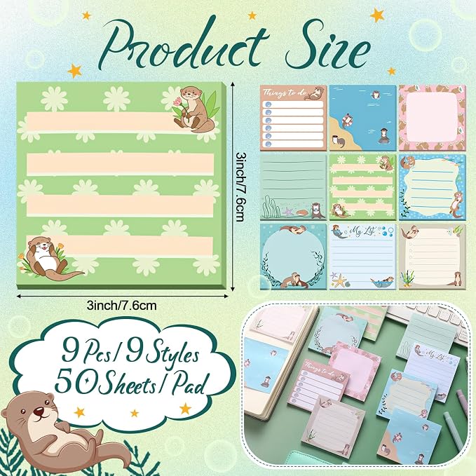 9 Pads Cute Sticky Notes Cartoon Self Stick Notepads 3x3 Inches Notes Adhesive Memo Pad Office Decor Gifts for Students School Teacher Office Meeting(Otter)