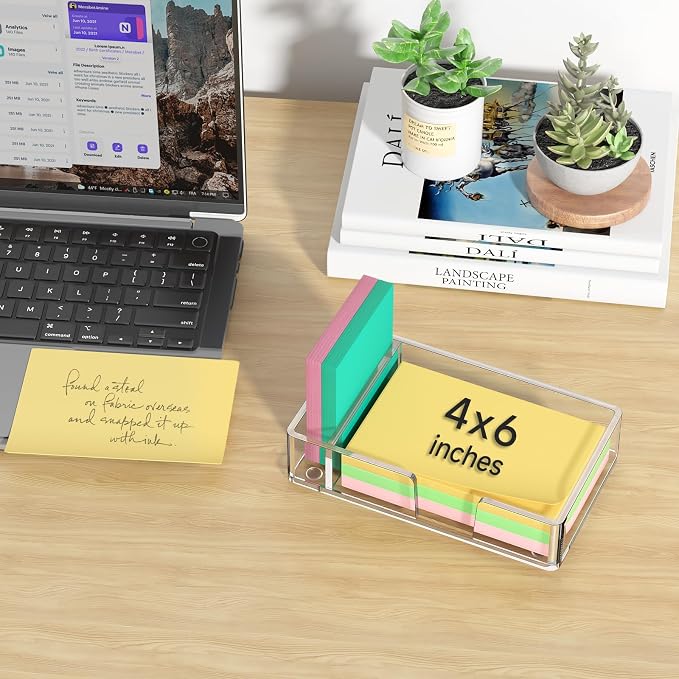 Sticky Note Holder with Pen Slot, Crystal Clear Acrylic Notepad Holder 4x6 in Self-Stick Note Dispenser Office Desk Accessories, Memo Pad Holder Organizer for Classroom School Supplies